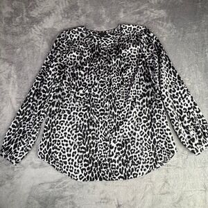 J. Jill Wearever Blouse Womens Large Tall Black White Leopard Print Button Front